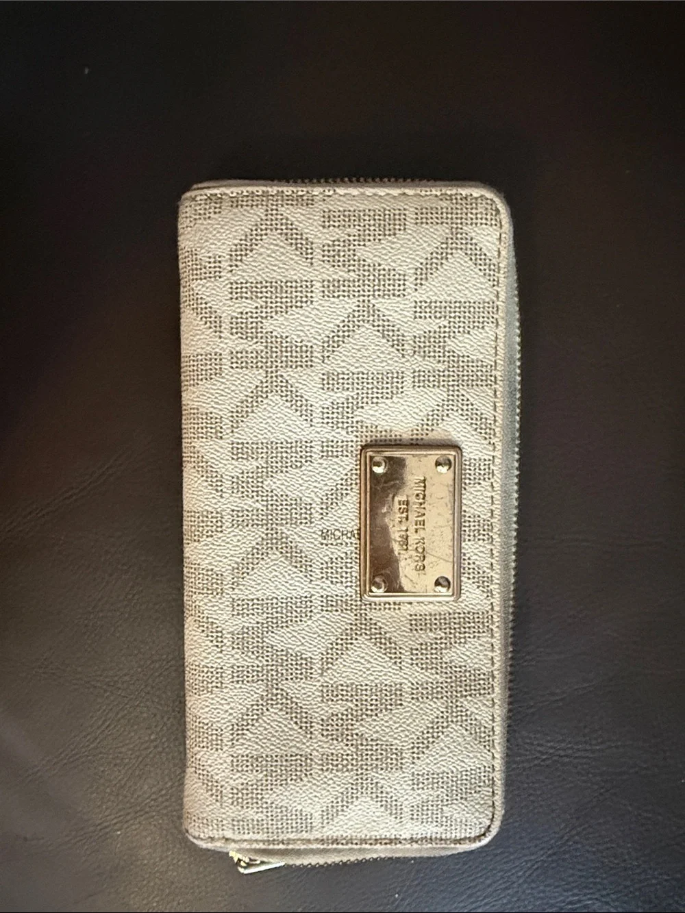 Michael Kors Taupe Logo Zip-Around Wallet with Gold Plate